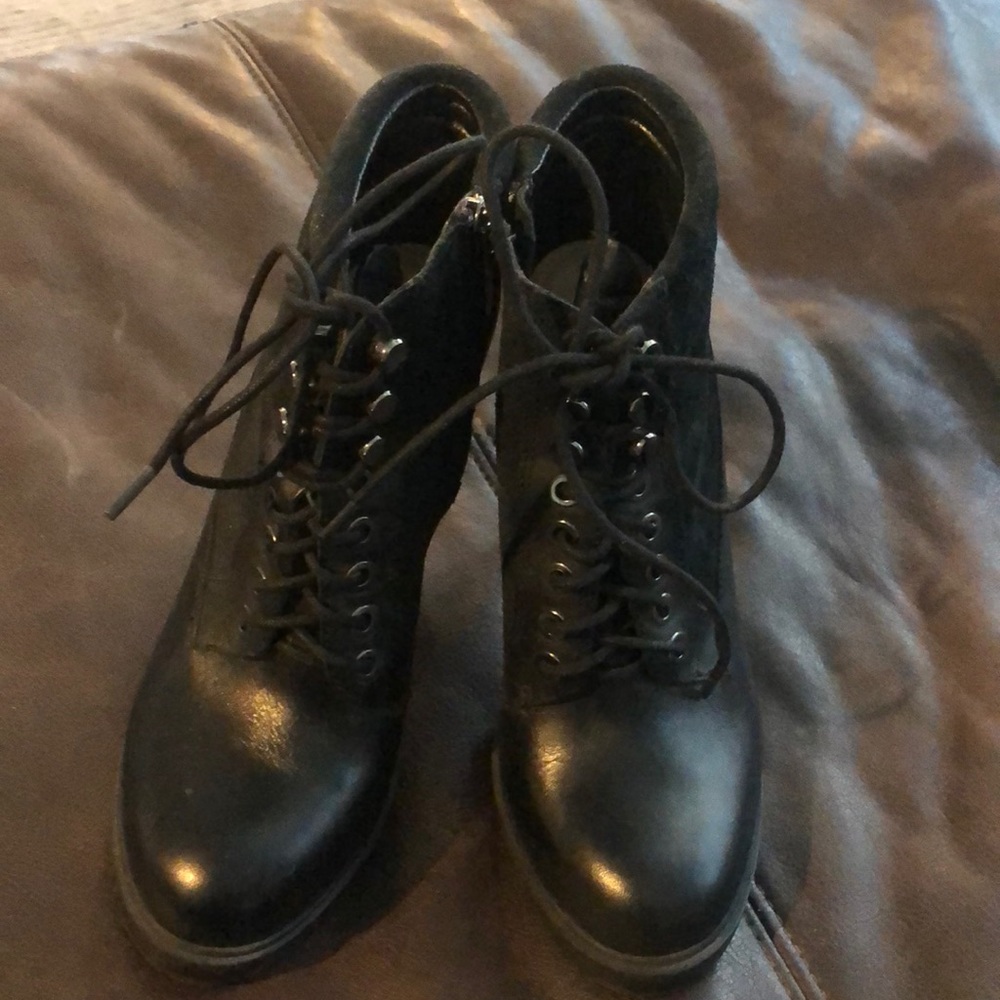 French Connection black high heeled boots.